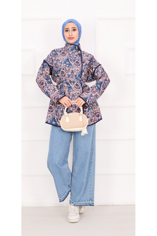 21186 - Biyeli Etnik Desen Kapitone Ceket Mavi̇ A25