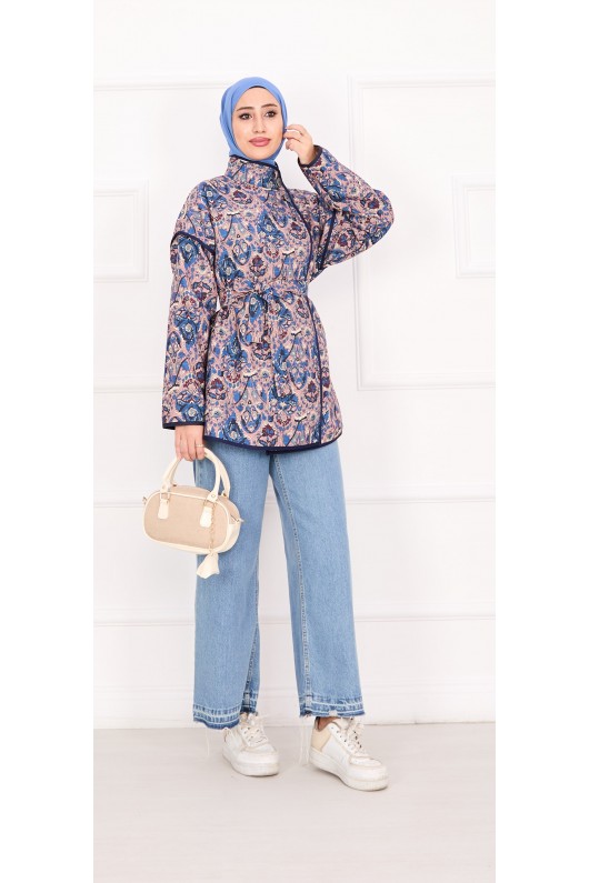 21186 - Biyeli Etnik Desen Kapitone Ceket Mavi̇ A25