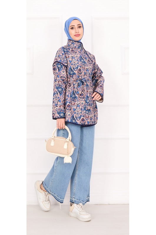 21186 - Biyeli Etnik Desen Kapitone Ceket Mavi̇ A25