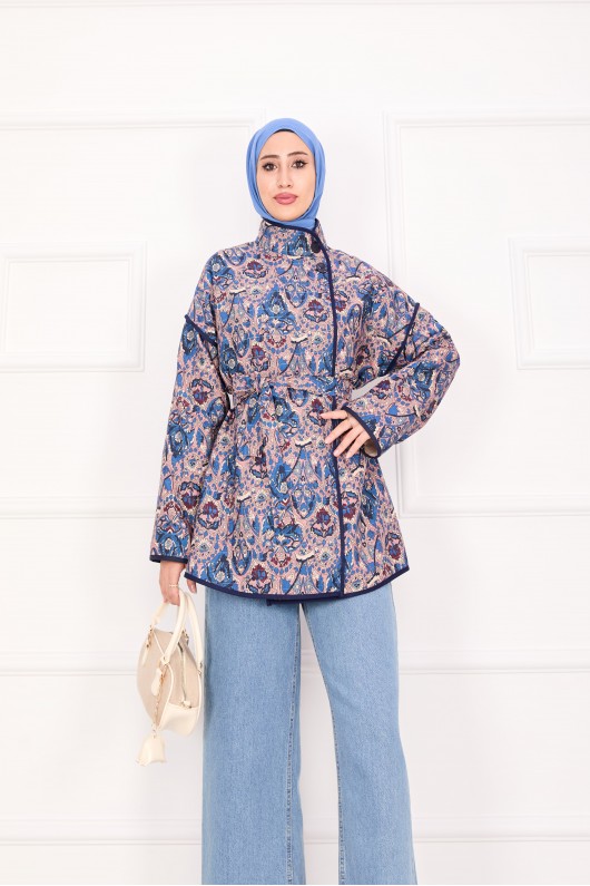 21186 - Biyeli Etnik Desen Kapitone Ceket Mavi̇ A25
