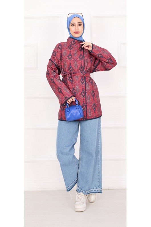 21186 - Biyeli Etnik Desen Kapitone Ceket Bordo A25