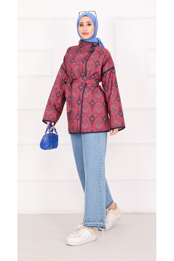 21186 - Biyeli Etnik Desen Kapitone Ceket Bordo A25
