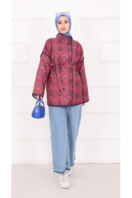 21186 - Biyeli Etnik Desen Kapitone Ceket Bordo A25
