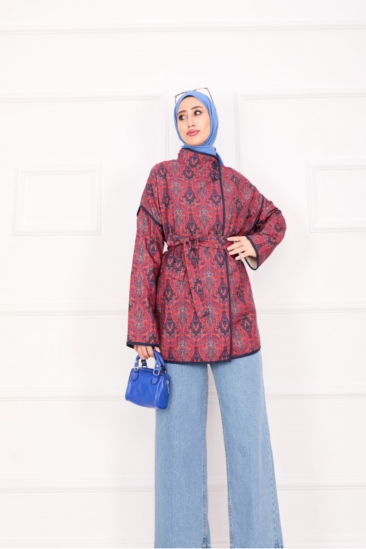 21186 - Biyeli Etnik Desen Kapitone Ceket Bordo A25