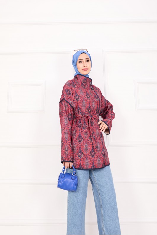 21186 - Biyeli Etnik Desen Kapitone Ceket Bordo A25