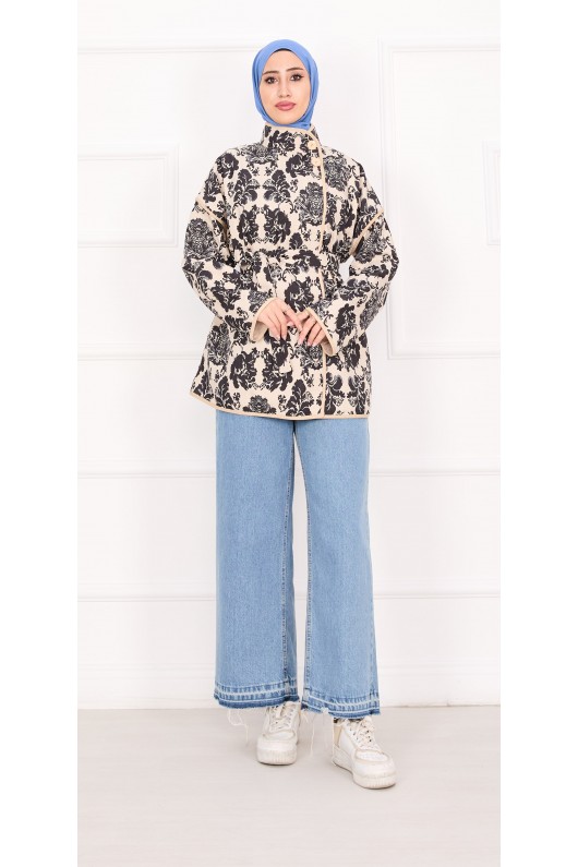 21186 - Biyeli Etnik Desen Kapitone Ceket Beyaz A25