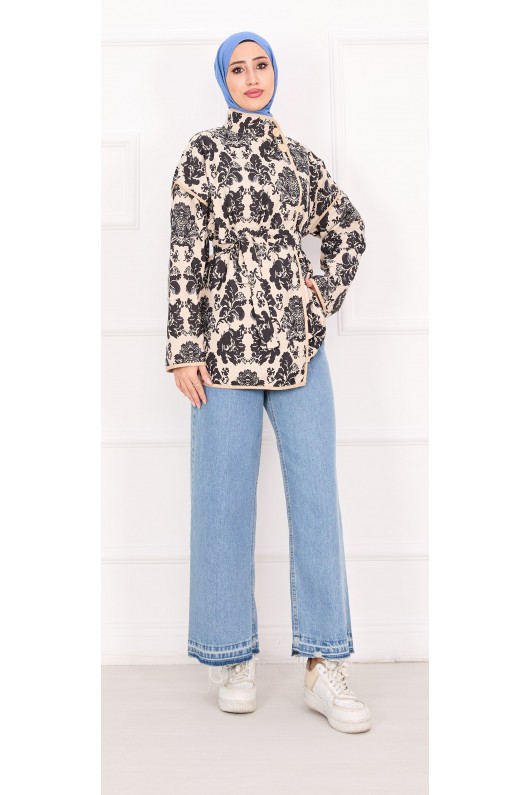 21186 - Biyeli Etnik Desen Kapitone Ceket Beyaz A25