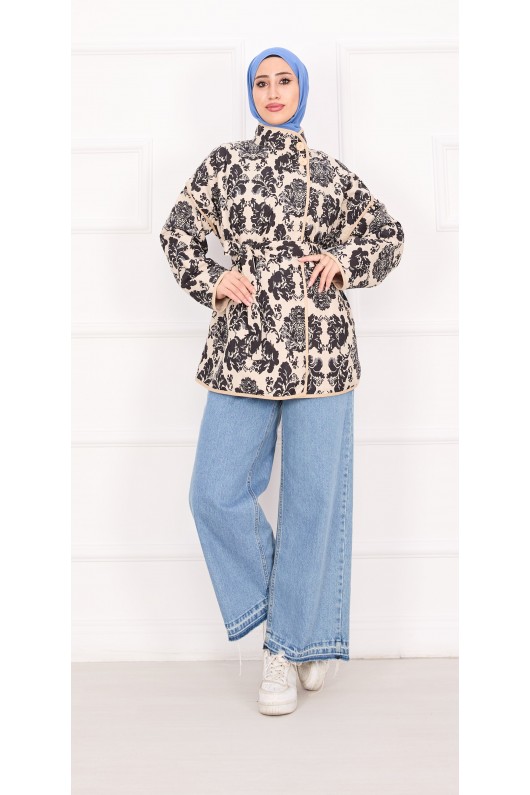 21186 - Biyeli Etnik Desen Kapitone Ceket Beyaz A25