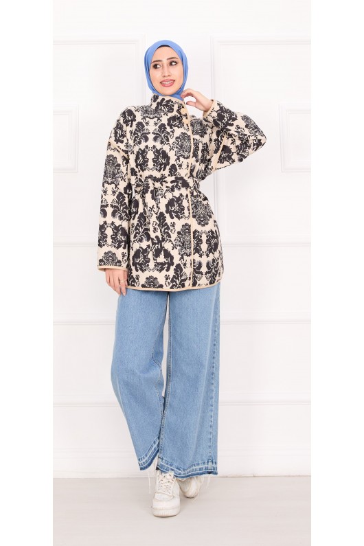 21186 - Biyeli Etnik Desen Kapitone Ceket Beyaz A25