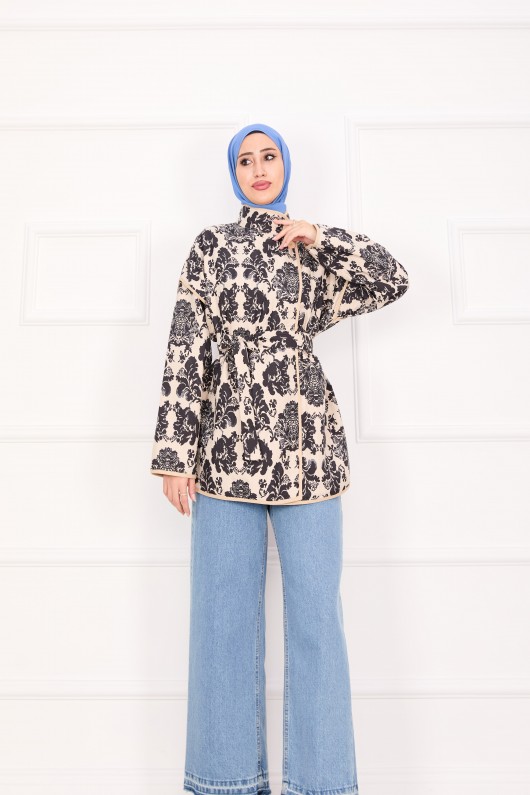 21186 - Biyeli Etnik Desen Kapitone Ceket Beyaz A25