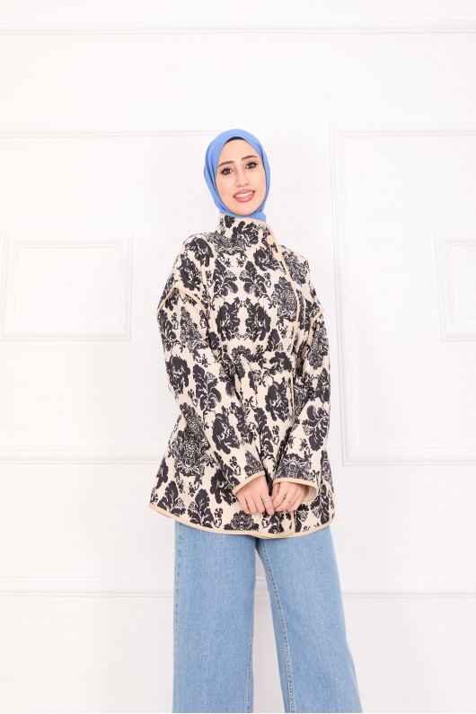 21186 - Biyeli Etnik Desen Kapitone Ceket Beyaz A25