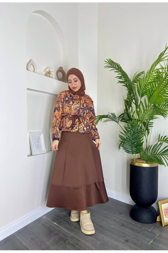 4562 - Etnik Desen Ceket - Etek Takım Kahverengi̇