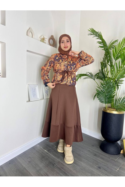 4562 - Etnik Desen Ceket - Etek Takım Kahverengi̇