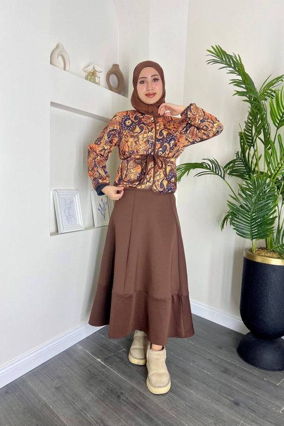 4562 - Etnik Desen Ceket - Etek Takım Kahverengi̇