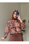 4562 - Etnik Desen Ceket - Etek Takım Kahverengi̇