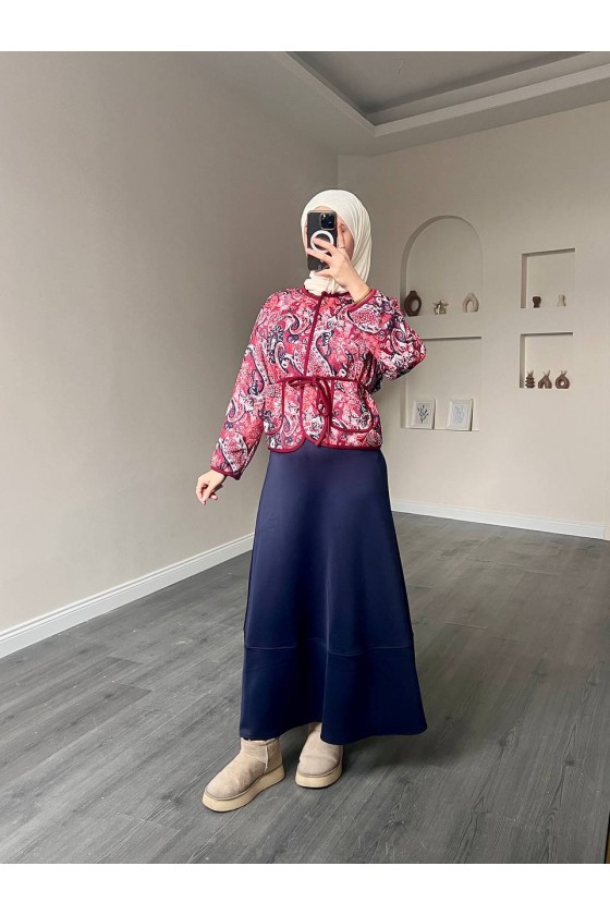 4562 - Etnik Desen Ceket - Etek Takım Bordo