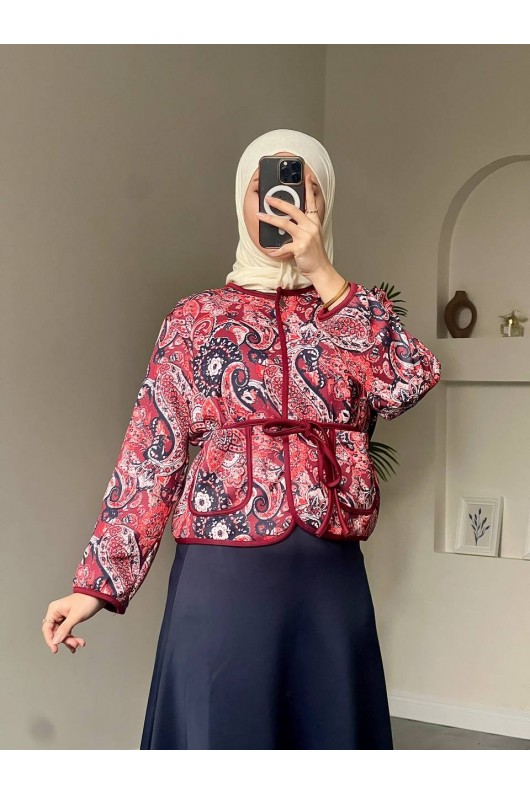 4562 - Etnik Desen Ceket - Etek Takım Bordo