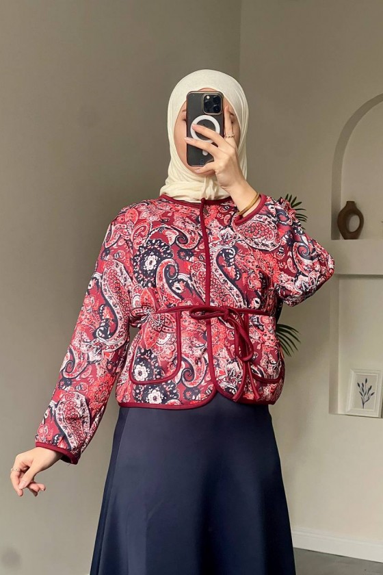 4562 - Etnik Desen Ceket - Etek Takım Bordo