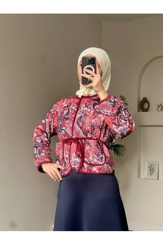 4562 - Etnik Desen Ceket - Etek Takım Bordo