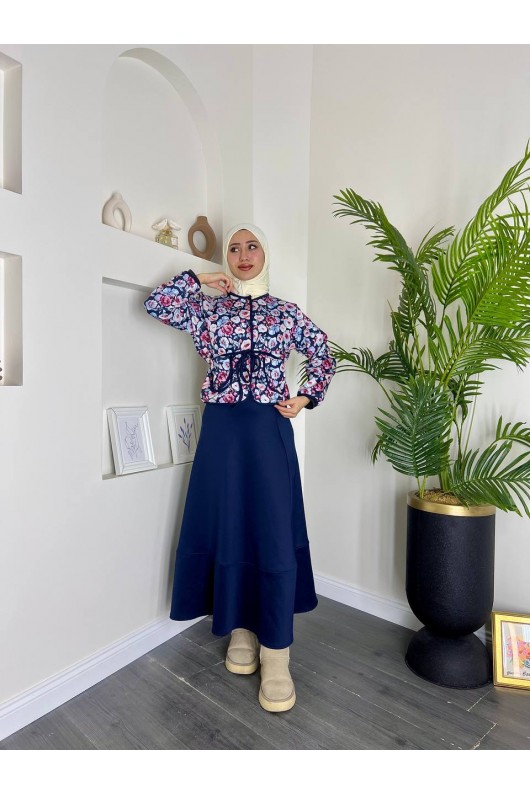 4562 - Etnik Desen Ceket - Etek Takım Laci̇vert