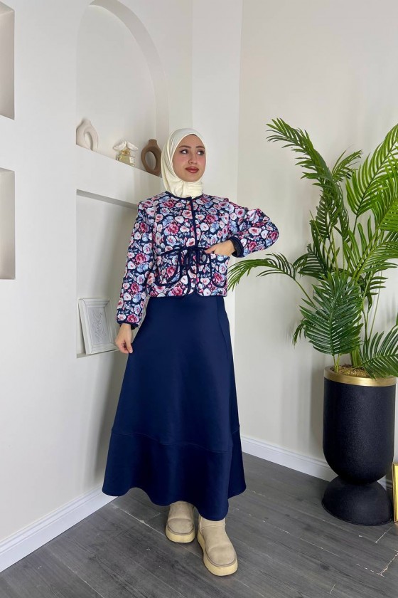 4562 - Etnik Desen Ceket - Etek Takım Laci̇vert