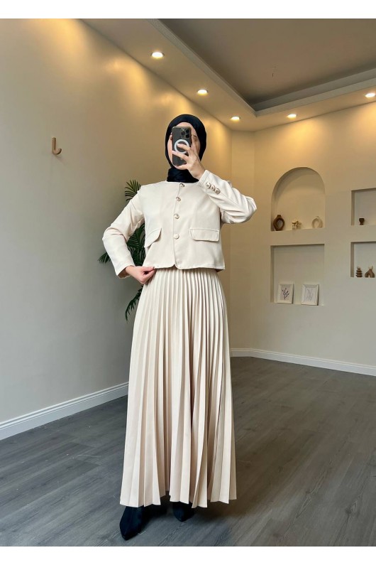 4566 - Double Krep Kumaş Tesettür İkili Takım Bej