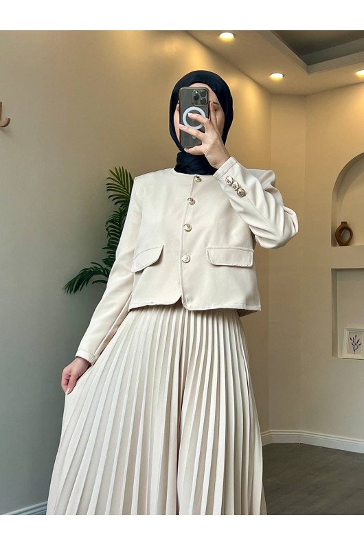 4566 - Double Krep Kumaş Tesettür İkili Takım Bej
