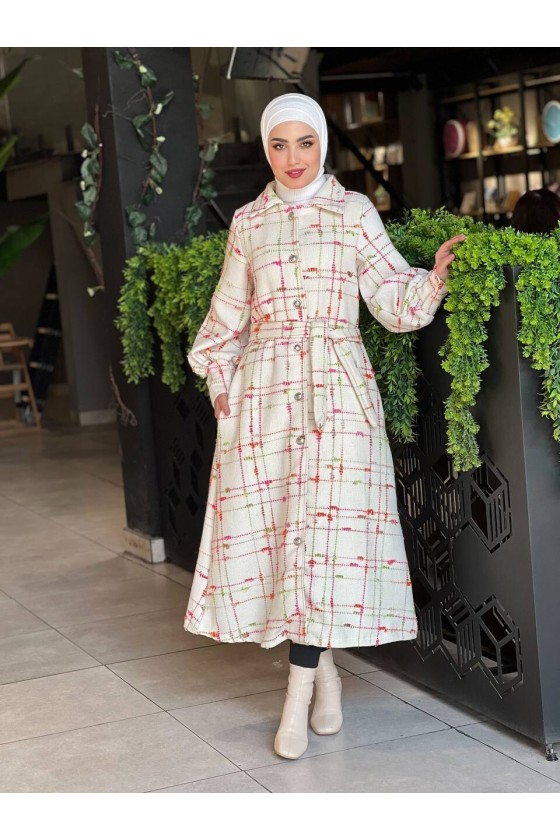 4449 - Renk Detaylı Tesettür Kaban Beyaz - Pembe