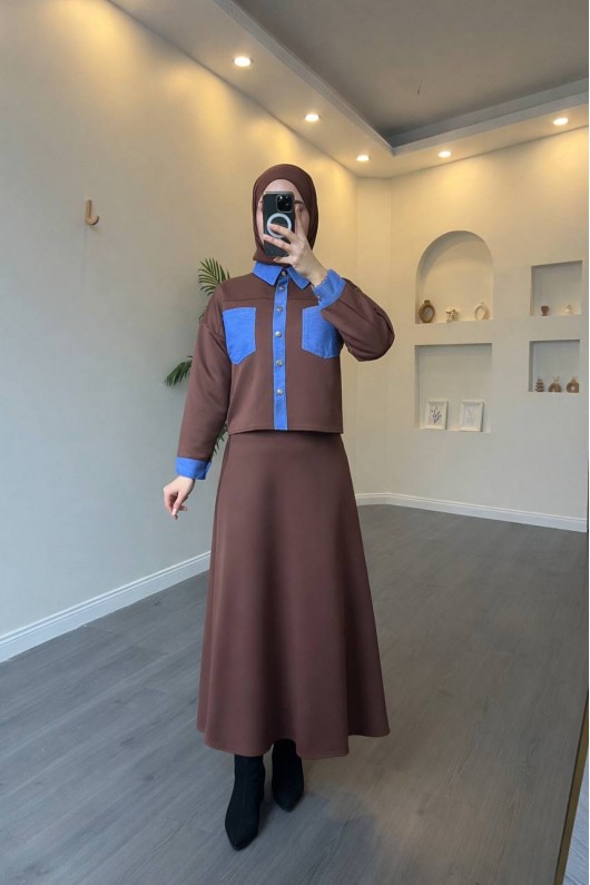 4564 - Cep Detaylı İkili Takım Kahverengi̇