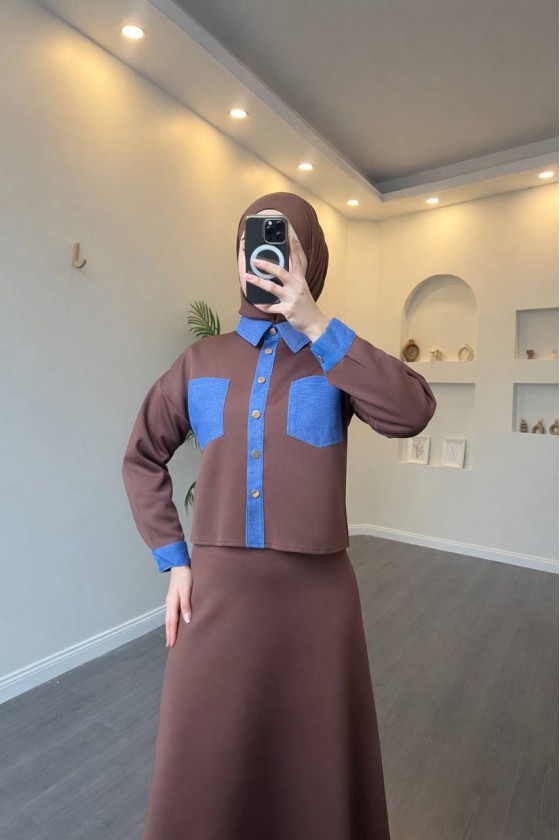 4564 - Cep Detaylı İkili Takım Kahverengi̇