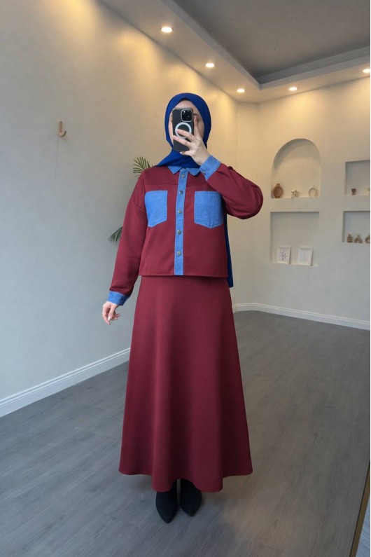 4564 - Cep Detaylı İkili Takım Bordo