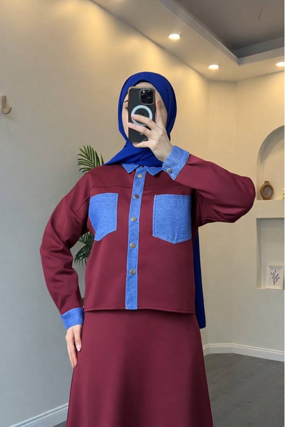 4564 - Cep Detaylı İkili Takım Bordo