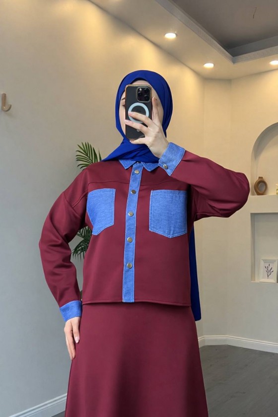 4564 - Cep Detaylı İkili Takım Bordo