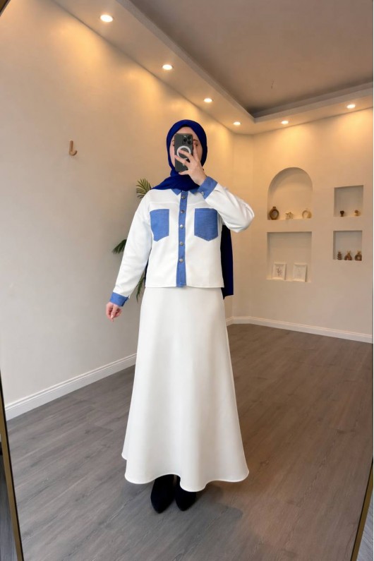 4564 - Cep Detaylı İkili Takım Beyaz