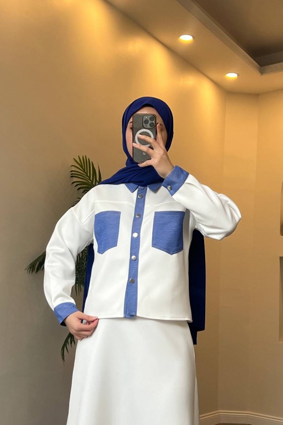 4564 - Cep Detaylı İkili Takım Beyaz