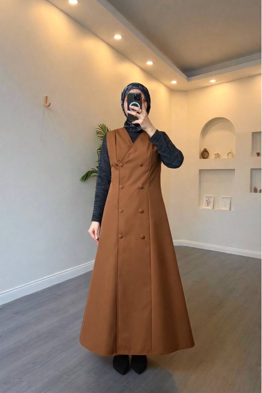 4570 - Bondit Kumaş İkili Tesettür Takım Kahverengi̇