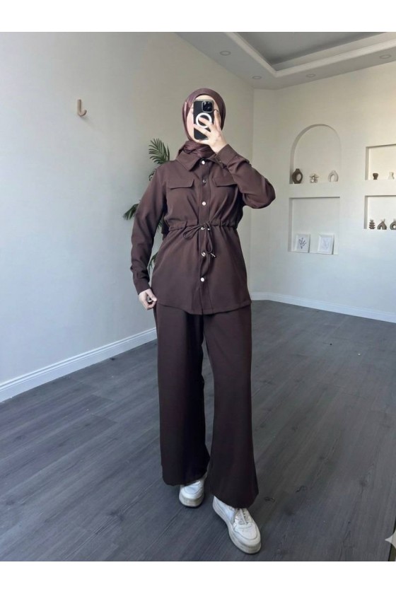 4571 - Krep Kumaş Tesettür Takım Kahverengi̇