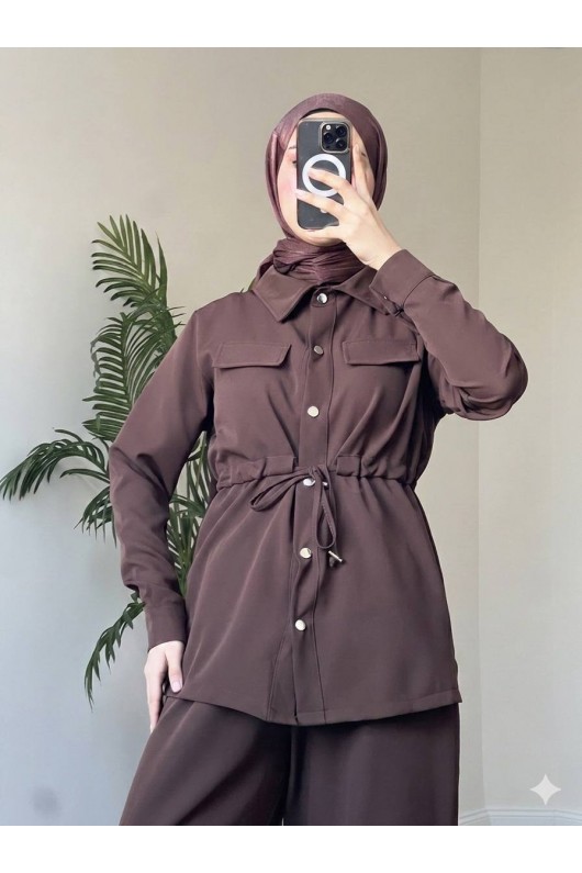 4571 - Krep Kumaş Tesettür Takım Kahverengi̇