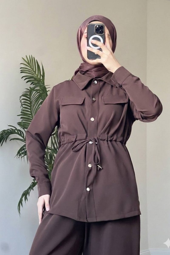 4571 - Krep Kumaş Tesettür Takım Kahverengi̇