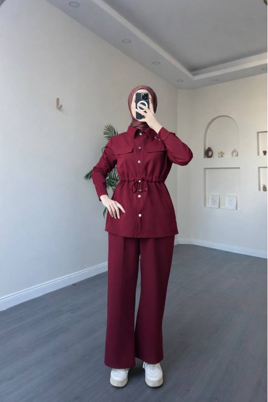 4571 - Krep Kumaş Tesettür Takım Bordo