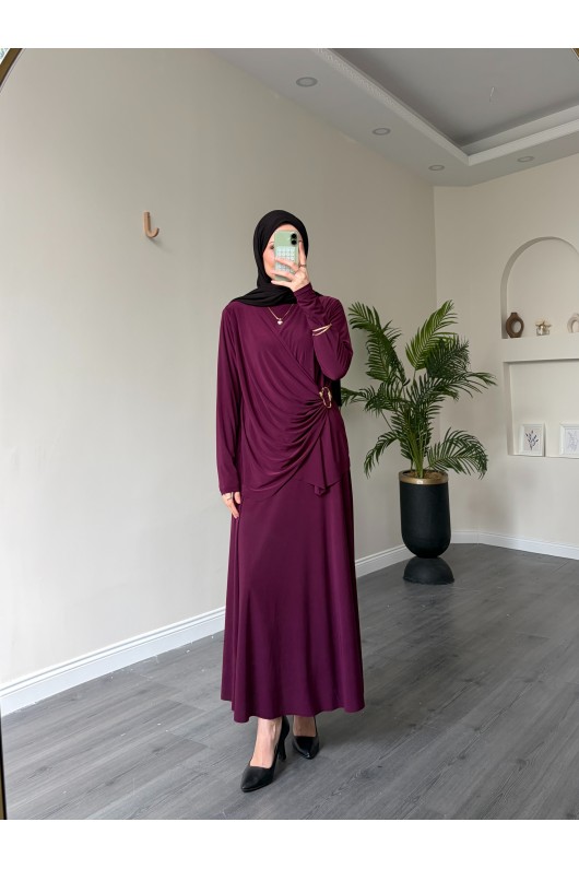 4226 - Sandy Kumaş Rahat Kesim Etek & Bluz İkili Takım Mürdüm