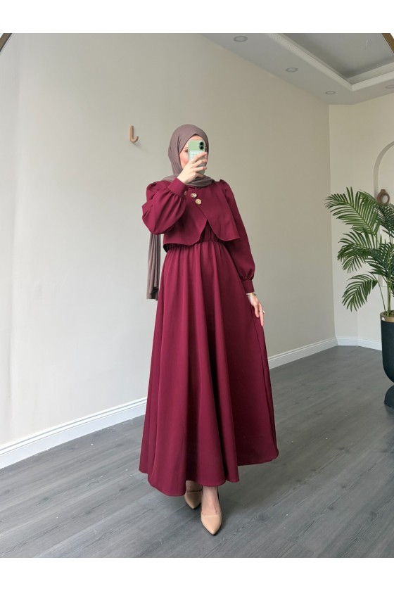 21230 - Bolerolu Gold Düğmeli Elbise Takım Bordo