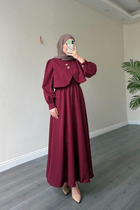 21230 - Bolerolu Gold Düğmeli Elbise Takım Bordo