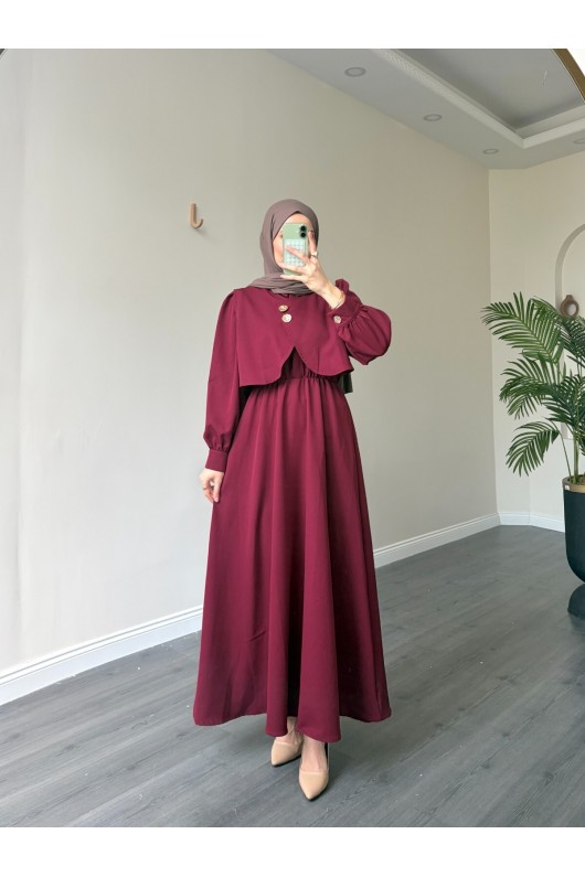 21230 - Bolerolu Gold Düğmeli Elbise Takım Bordo 21230 - Bolerolu Gold Düğmeli Elbise Takım Bordo