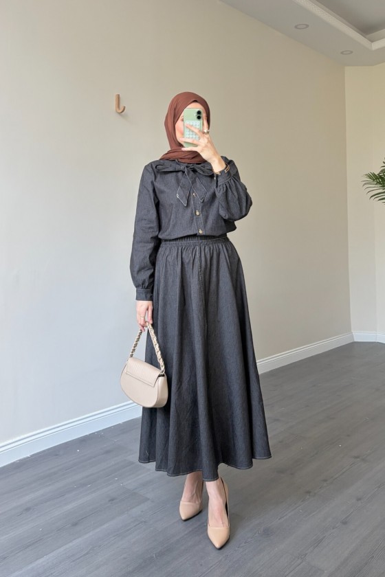 21247 - Fiyonk Detaylı İkili Yumuşak Kot Takım Si̇yah