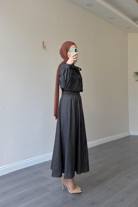 21247 - Fiyonk Detaylı İkili Yumuşak Kot Takım Si̇yah