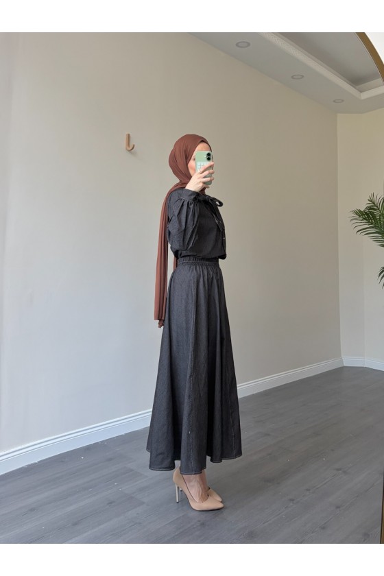 21247 - Fiyonk Detaylı İkili Yumuşak Kot Takım Si̇yah