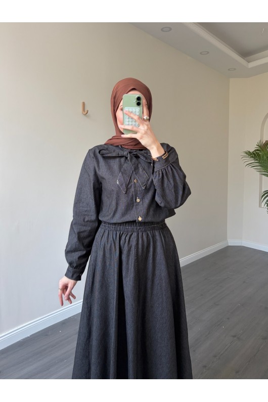 21247 - Fiyonk Detaylı İkili Yumuşak Kot Takım Si̇yah