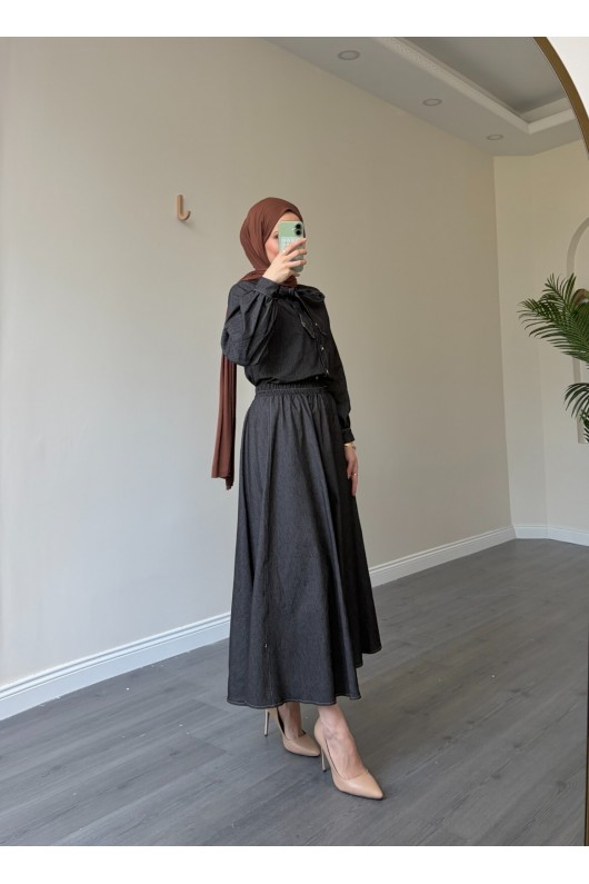 21247 - Fiyonk Detaylı İkili Yumuşak Kot Takım Si̇yah