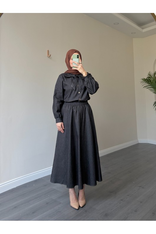 21247 - Fiyonk Detaylı İkili Yumuşak Kot Takım Si̇yah